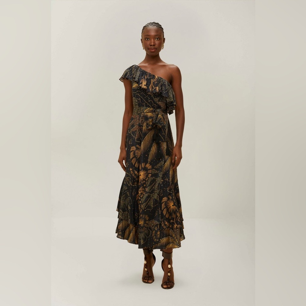Black Golden Foliage One-Shoulder Maxi Dress Size XS NWT